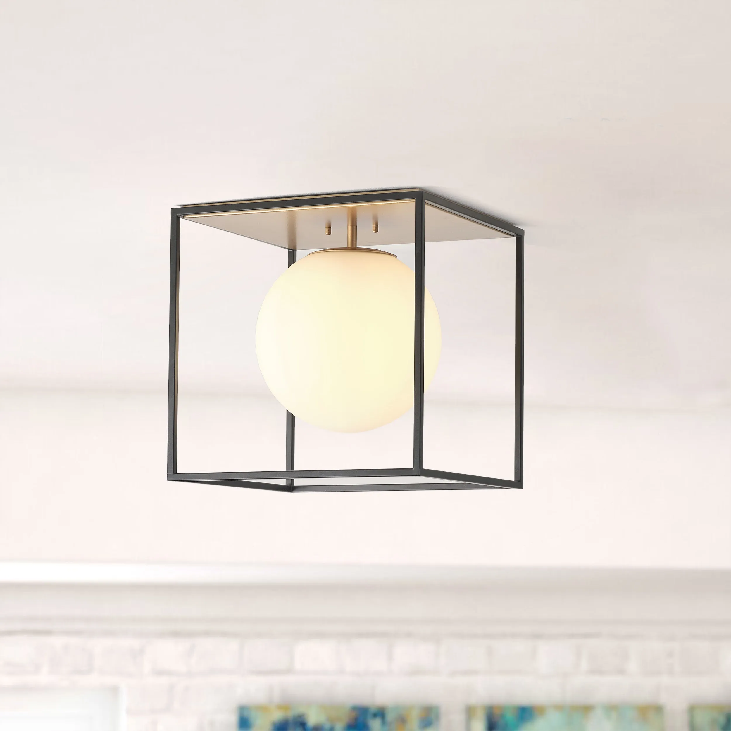 1-Light Square Metal Frame Globe Flush Mount Lighting