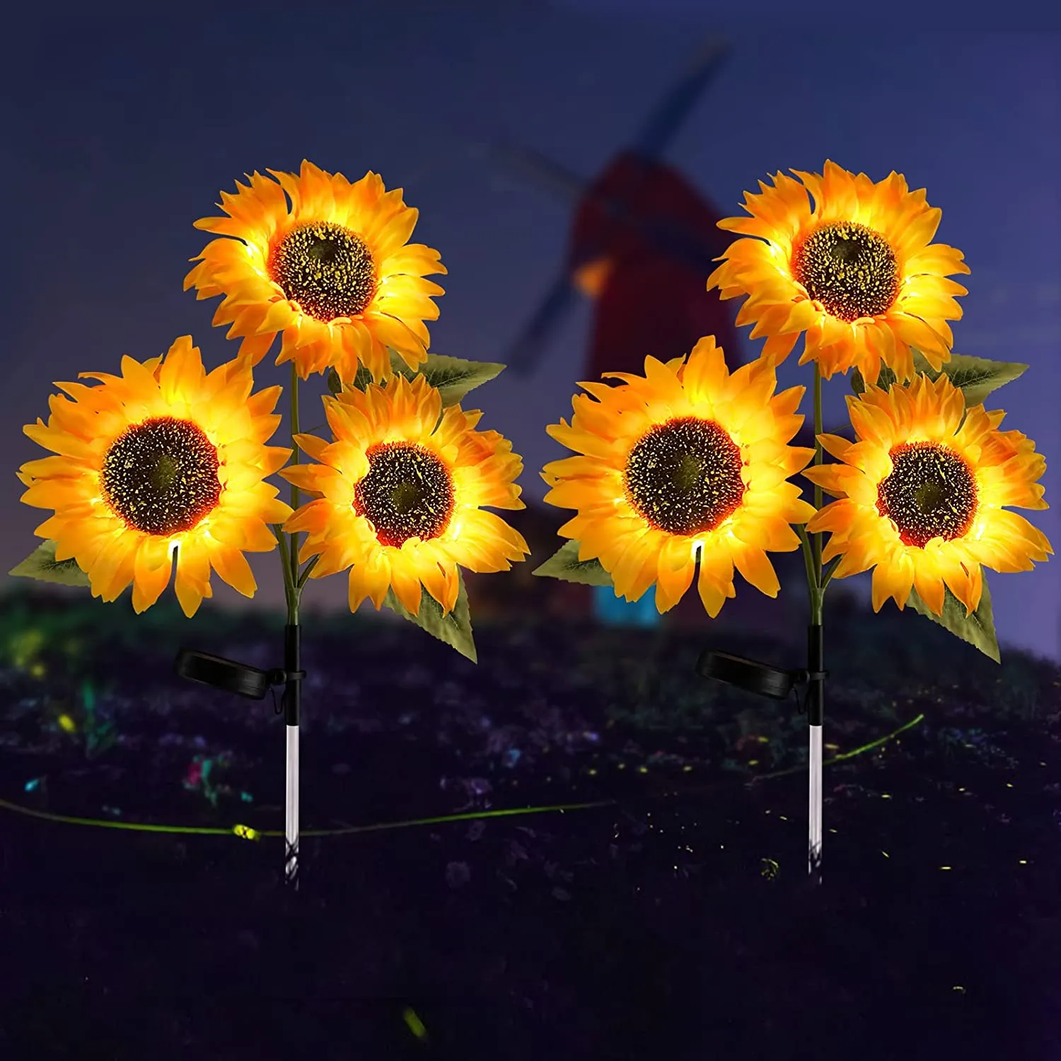 2 Pack Solar Garden Light With 3 Sunflowers