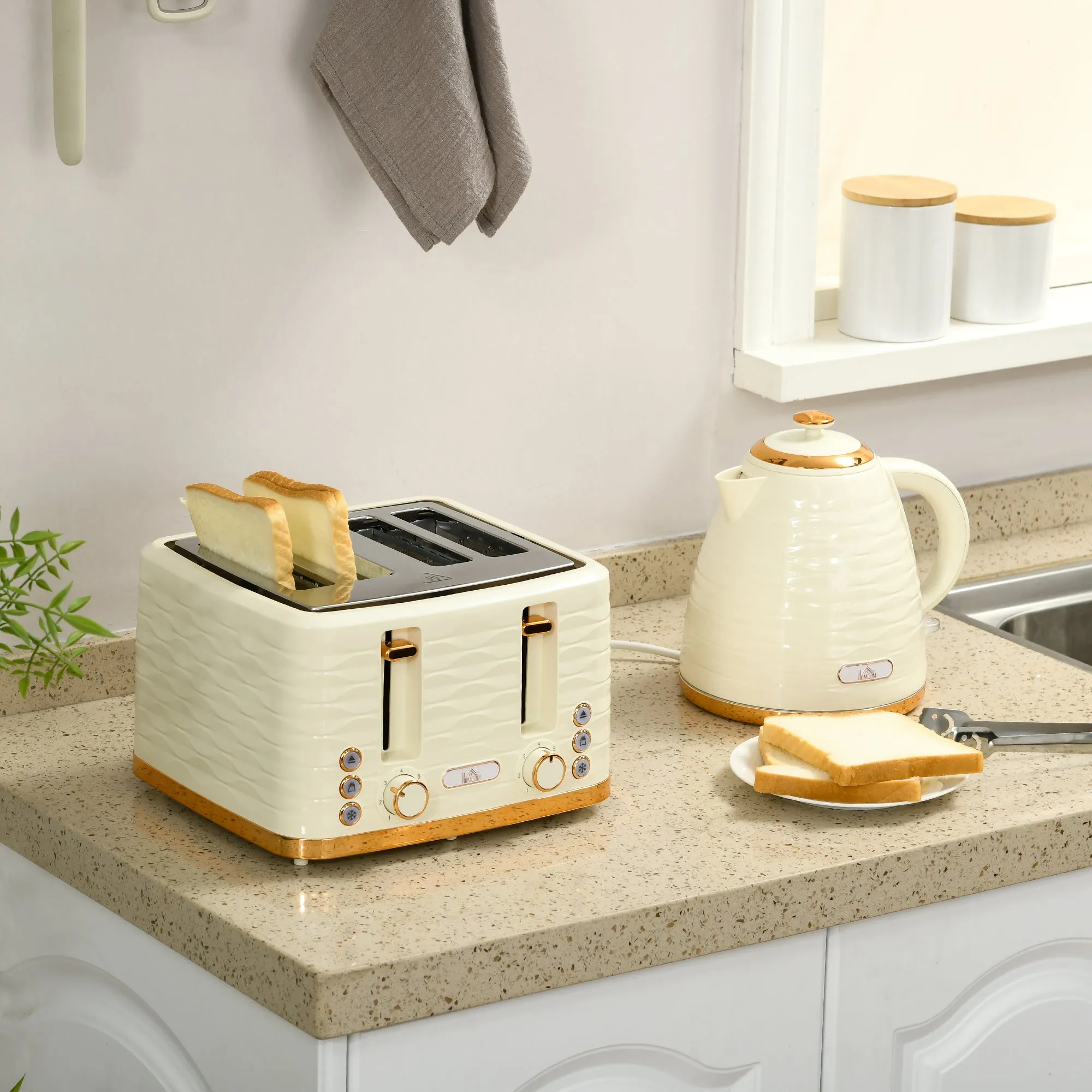 3000W 1.7L Rapid Boil Kettle & 4 Slice Toaster, Kettle and Toaster Set with 7 Browning Controls and Crumb Tray, Beige