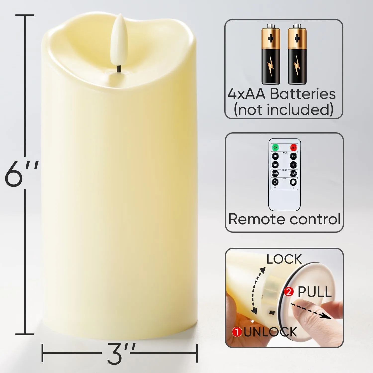 6”X3” Outdoor Waterproof Flameless Candles, LED Candles, Battery Operated Candles with Remote and Timers, Electric Fake Plastic Pillar Candles,Dark Ivory, Set of 2