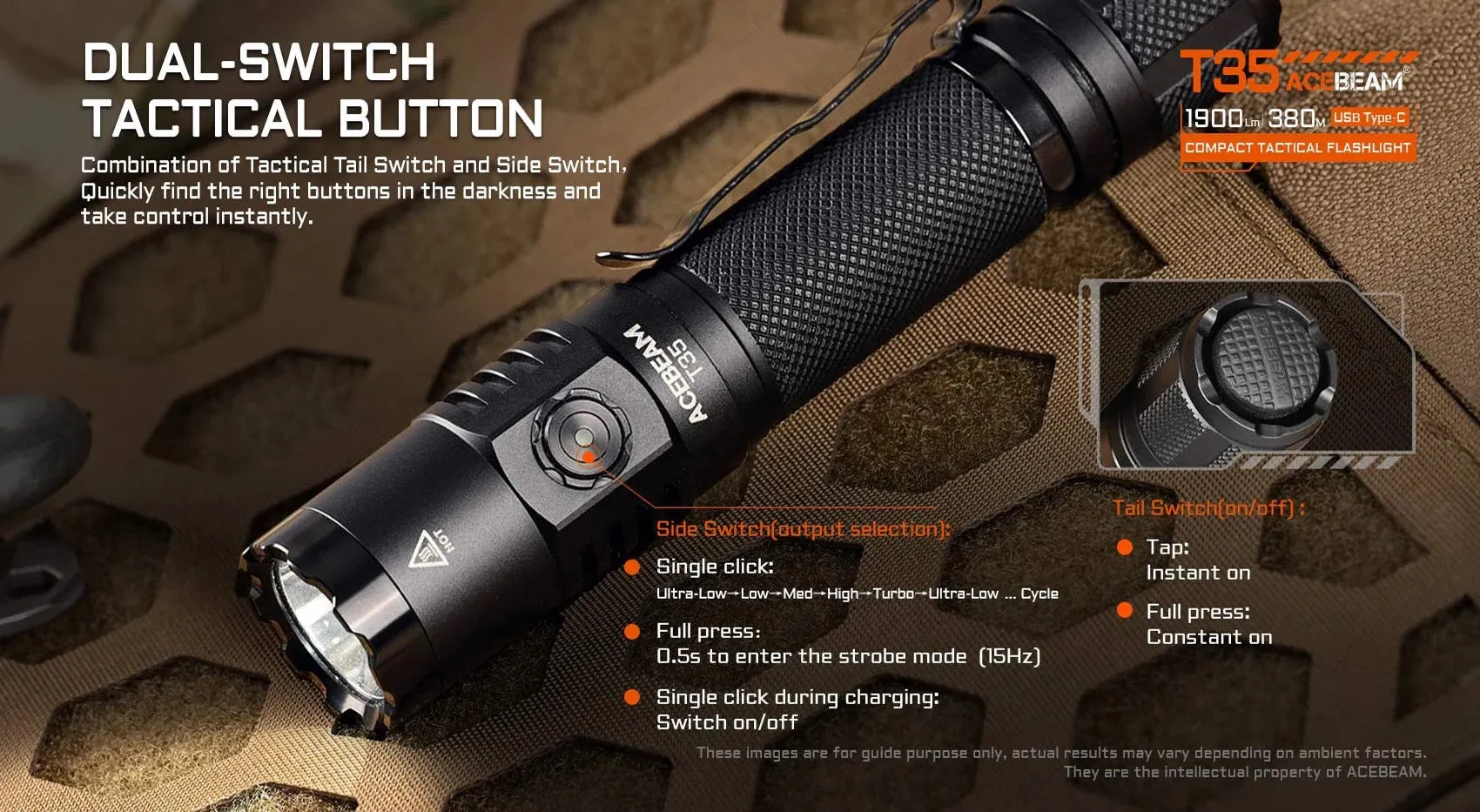 Acebeam T35 1900 Lumen USB-C Rechargeable Tactical Flashlight 1 * 18650 Battery Included