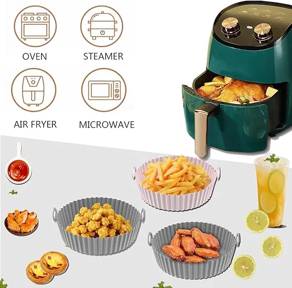 Air Fryer Round Liners | Pots x 2  Ninja Round Reusable AirFryer Silicone Tray Pods | Silicone 8.5'| 22cm for Ninja | Tower | Tefal (2×Pastel Colours | 1 Light Green &  1 Light Pink))