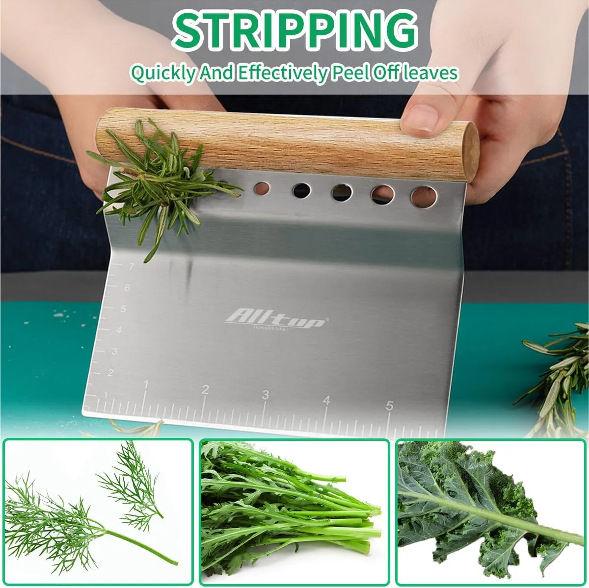 ALLTOP Dough Bench Scraper/Cutter/Chopper Stainless Steel Blade with Herb Stripper,Multipurpose Kitchen Pastry Tool with Scale Ruler - Leaf Remover - 1 Pack