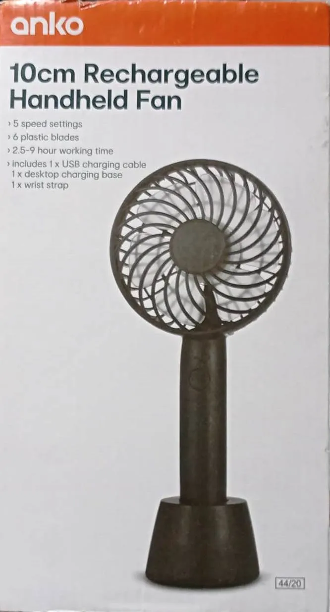 Anko 10cm Rechargeable Handheld Fan - Black / 5 Speed Settings / 4-6 Hours Run Time