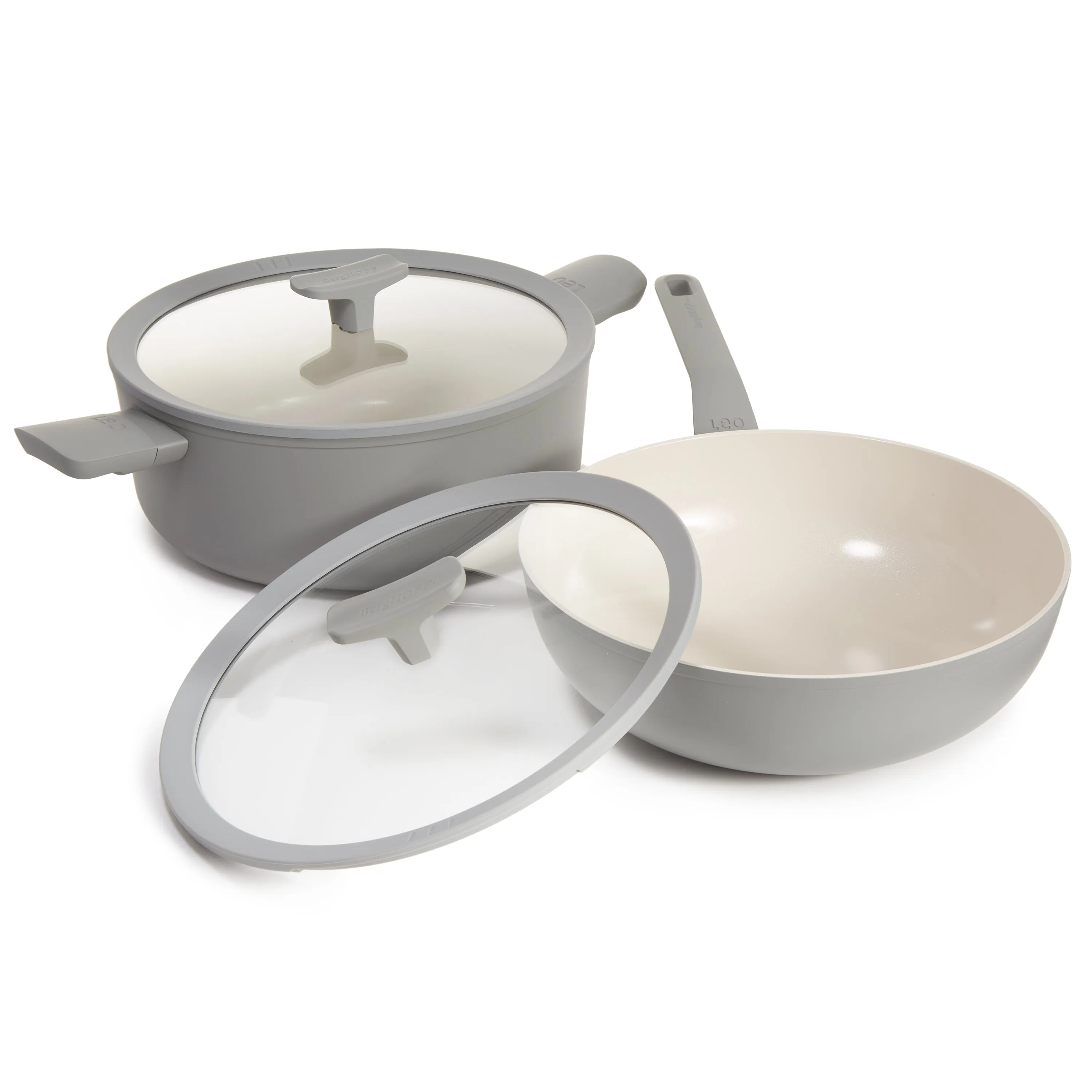 BergHOFF Balance 2pc Nonstick Ceramic Stockpot and Wok Pan Set With Glass Lids, Recycled Aluminum, CeraGreen, Moonmist