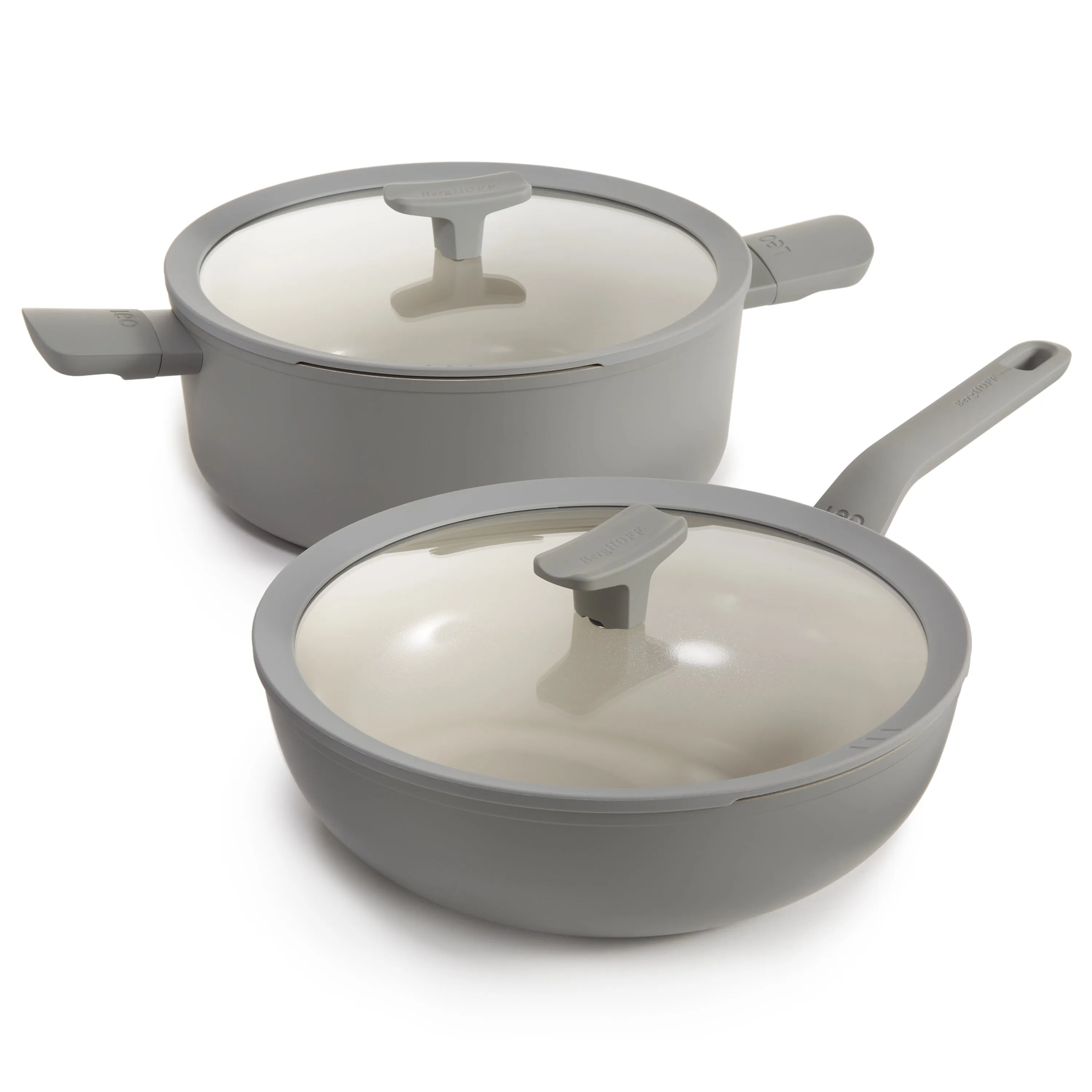 BergHOFF Balance 2pc Nonstick Ceramic Stockpot and Wok Pan Set With Glass Lids, Recycled Aluminum, CeraGreen, Moonmist