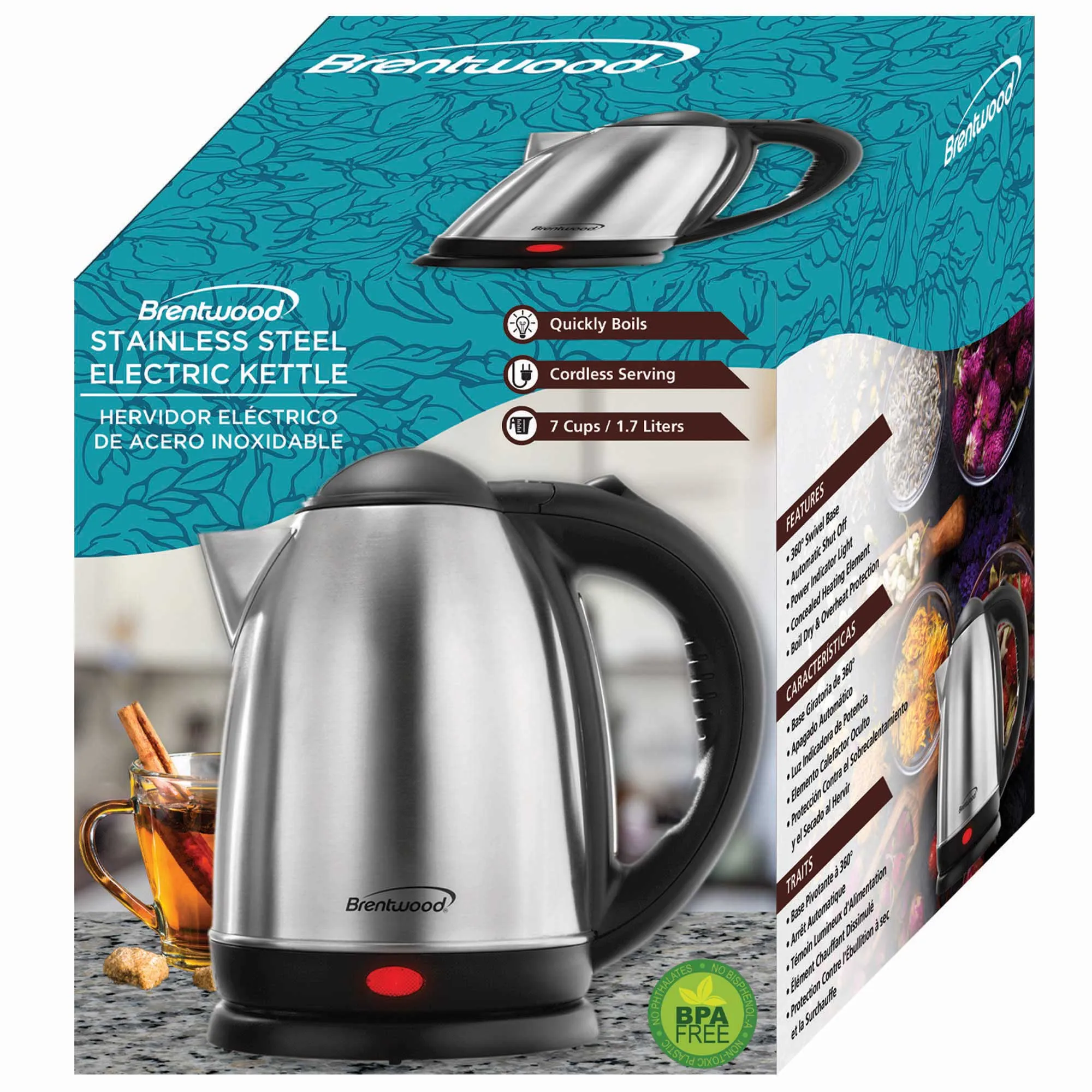 Brentwood KT-1790 1.7L Stainless Steel Cordless Electric Kettle