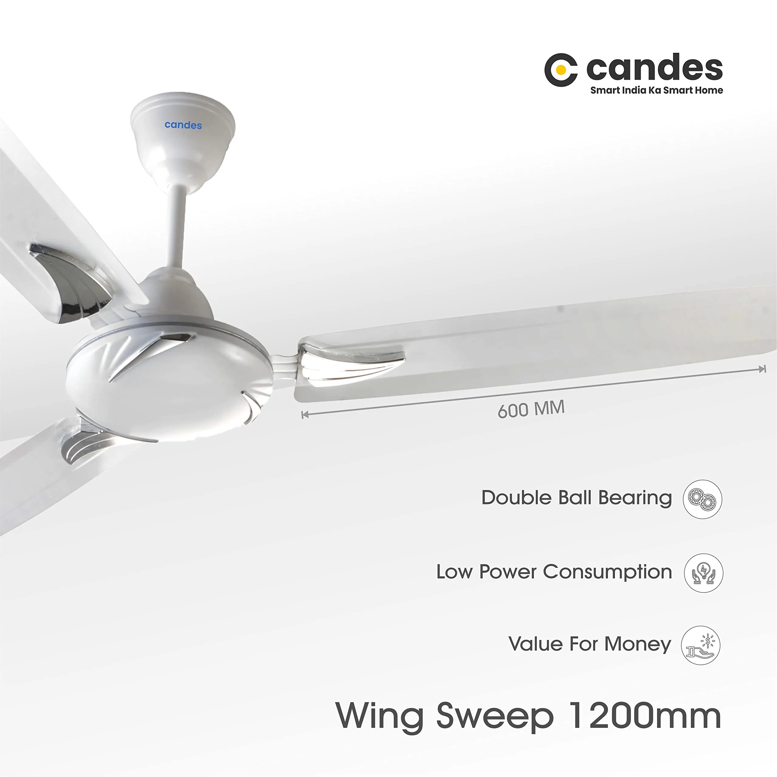 Candes Lynx Ceiling Fans For Home 1200Mm / 48 Inch | Bee 3 stars Rated, High Air Delivery, Noiseless & Energy Efficient | 1 1 Years Warranty | White, Pack Of 2