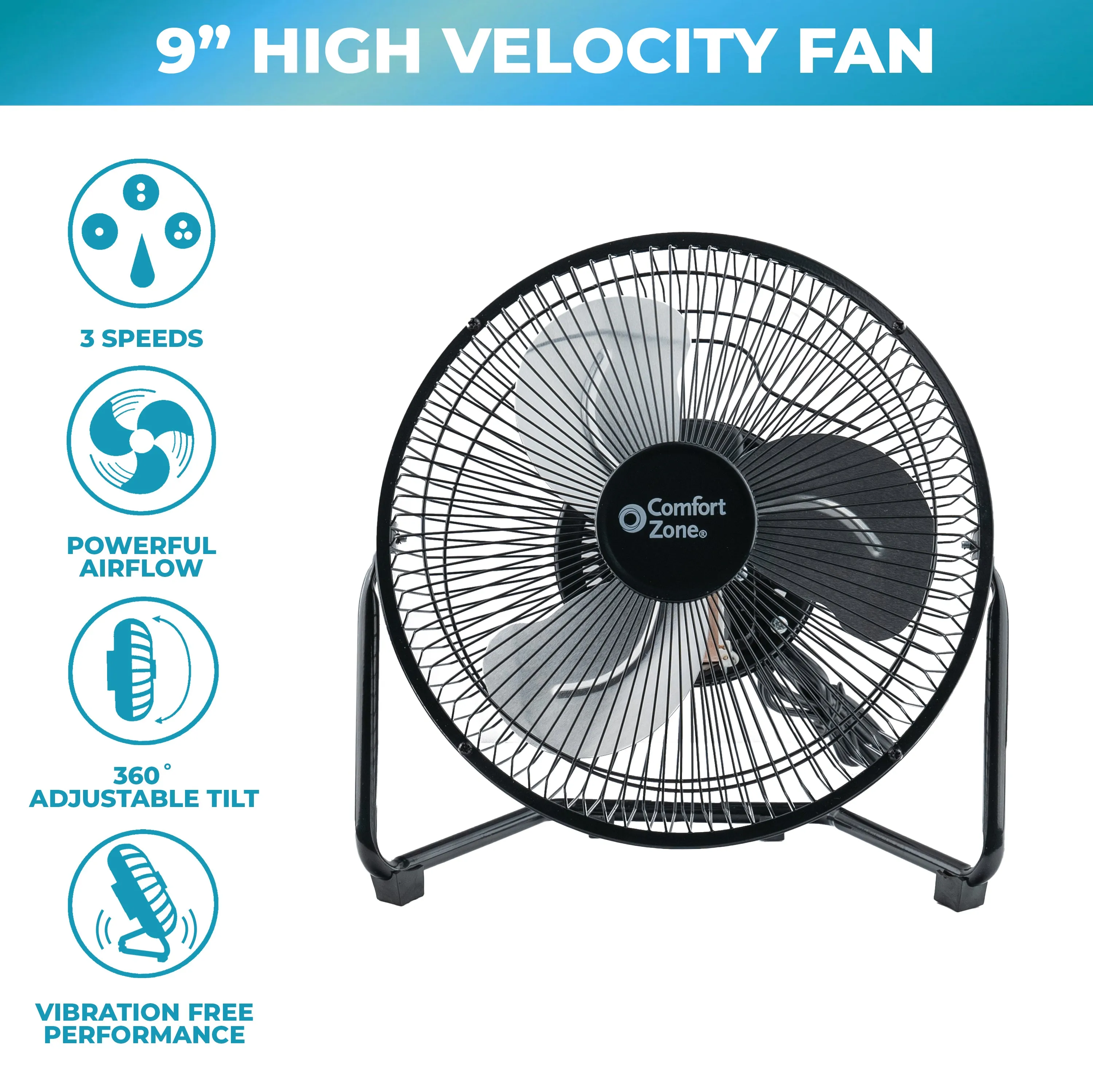 Comfort Zone 9" 3-Speed Floor Fan in Black