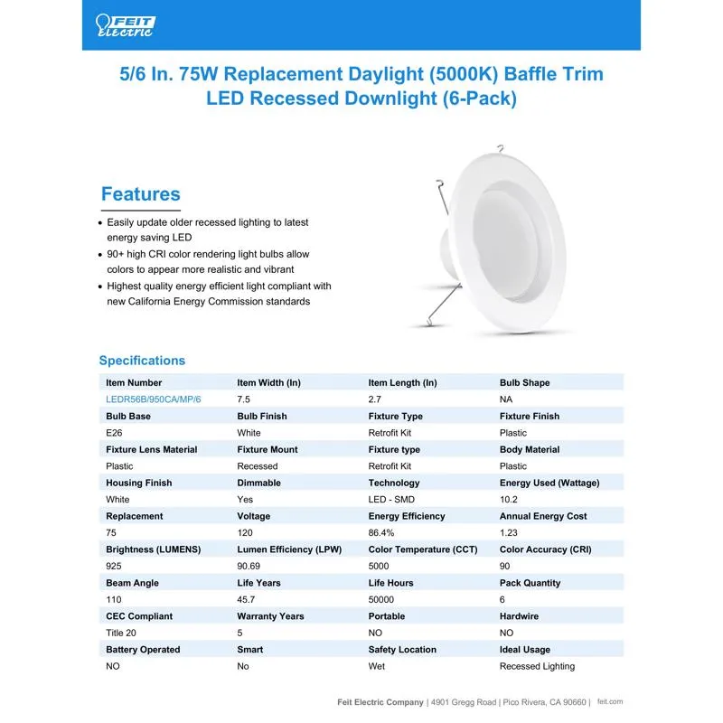 Feit Enhance White 5-6 in. W LED Dimmable Recessed Downlight 10.2 W