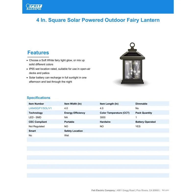 Feit Solar Fixtures 7 in. Solar Power Metal Square Bronze Hanging Pathway Light