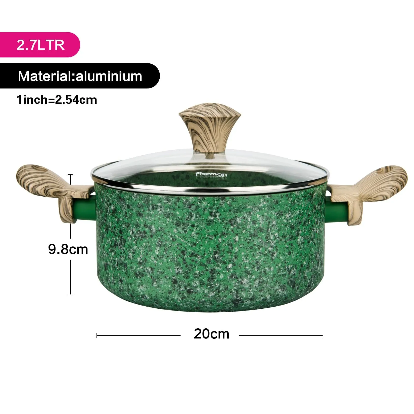 Fissman Stockpot With Glass Lid Malachite Series Aluminum Non Stick Coating Ecostone And Induction Bottom Green/Brown/Clear 20x9.8cm/2.7LTR