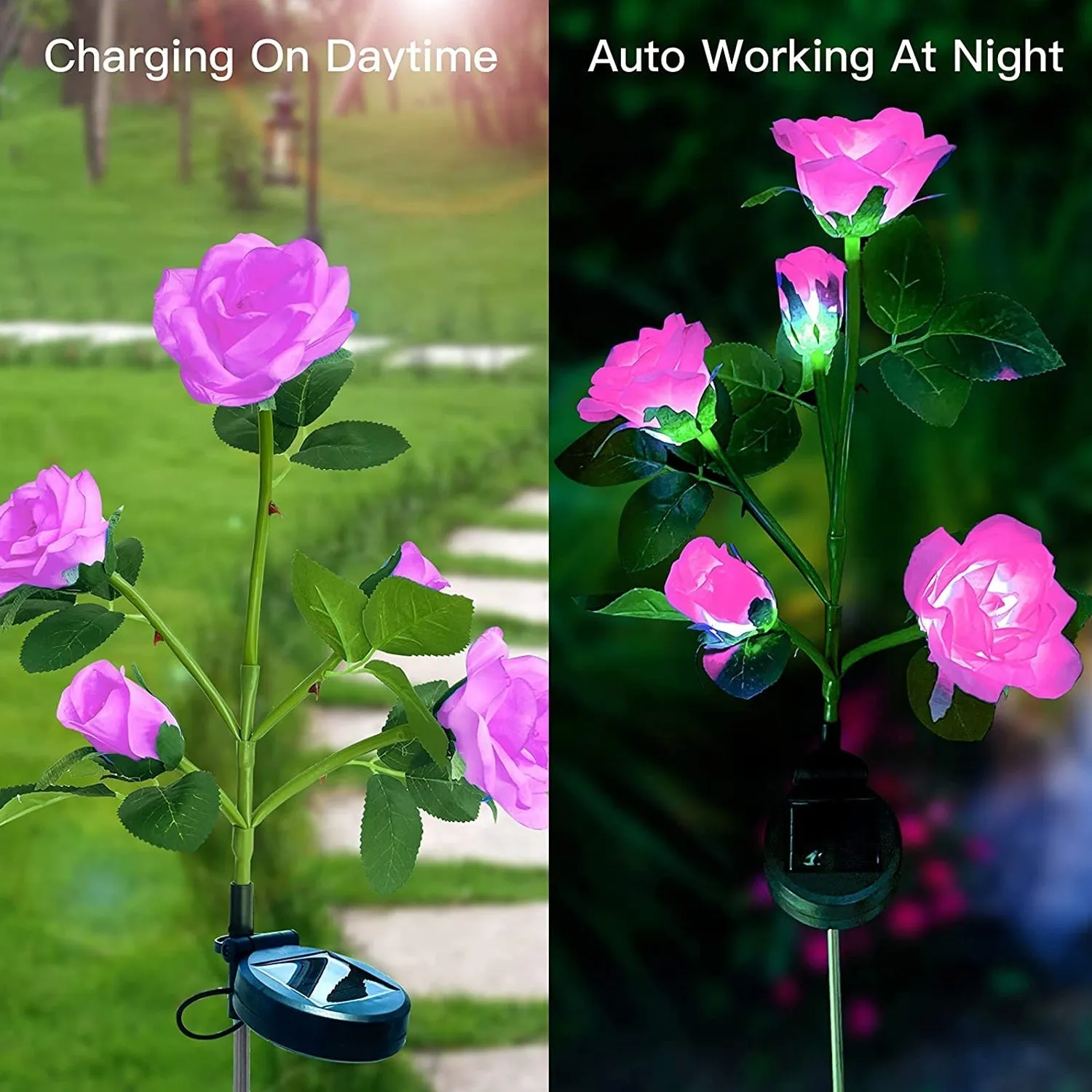 Garden Solar Outdoor Rose Lights Decorative , Waterproof Flower Light for Garden Patio Landscape Pathway Yard Holiday Decoration (2 Pcs Set)