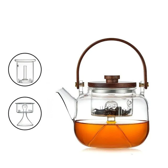 Glass Pot Filter Wood Handle Tea Ceremony Transparent Teawear Sets