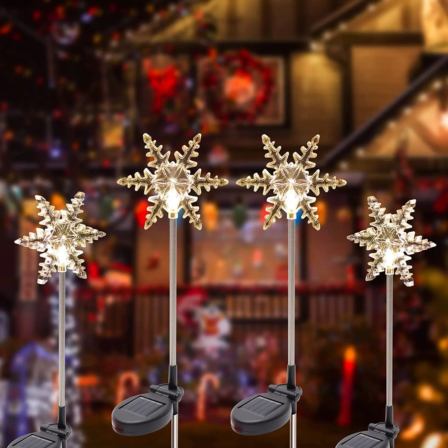 Glintoper 4 Pack Solar Christmas Snowflakes Figurine Lights | Outdoor Solar Powered Snowflake Decorative Lights with Garden Stakes