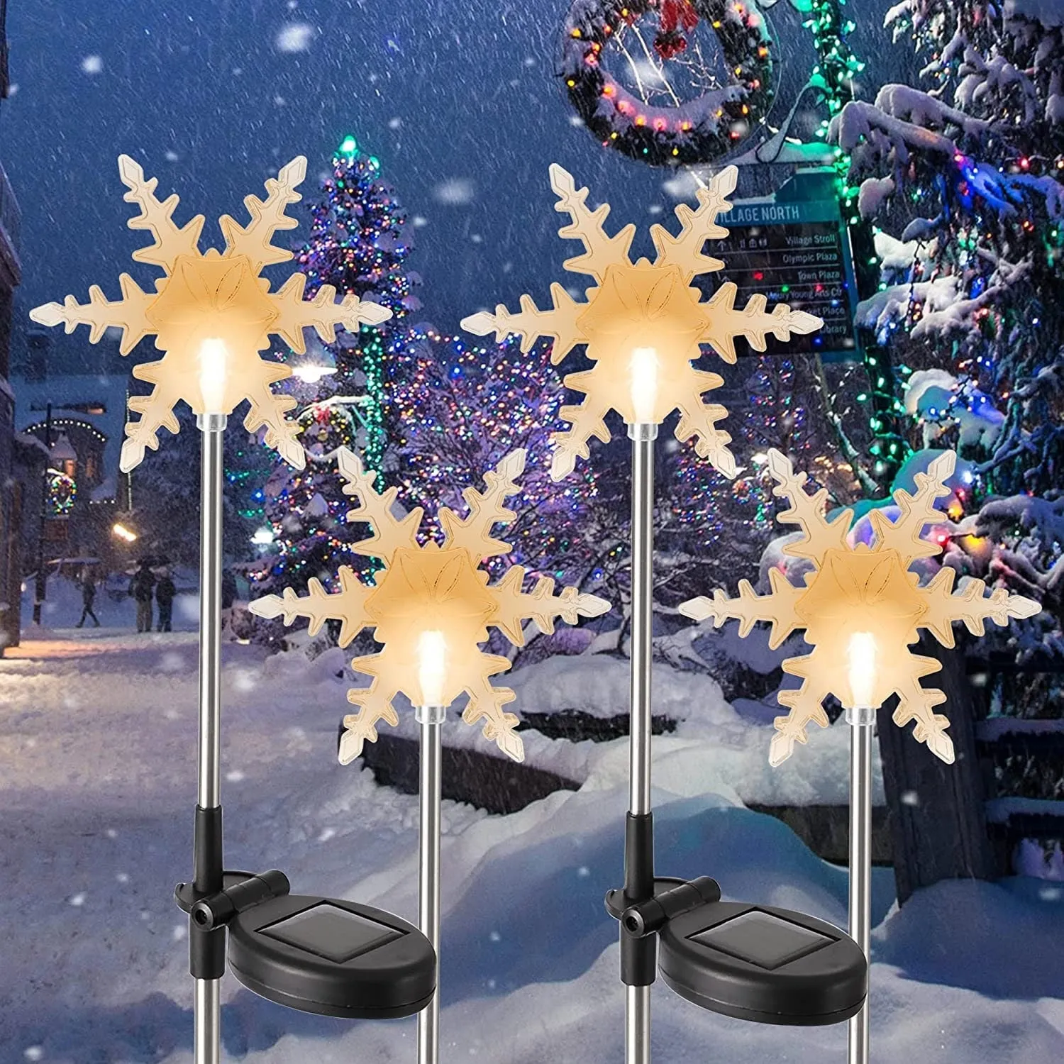 Glintoper 4 Pack Solar Christmas Snowflakes Figurine Lights | Outdoor Solar Powered Snowflake Decorative Lights with Garden Stakes