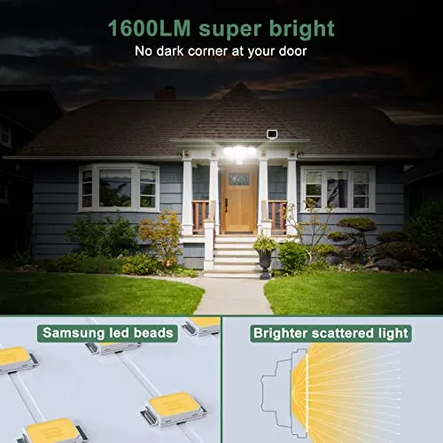 GLORIOUS-LITE Solar Security Lights 2400mAh LED Motion Sensor Light Outdoor, Rechargable 1600lm Solar Flood Light, 5500-6000K, IP 65 Waterproof for Garage, Yard, Porch, Entryways - White