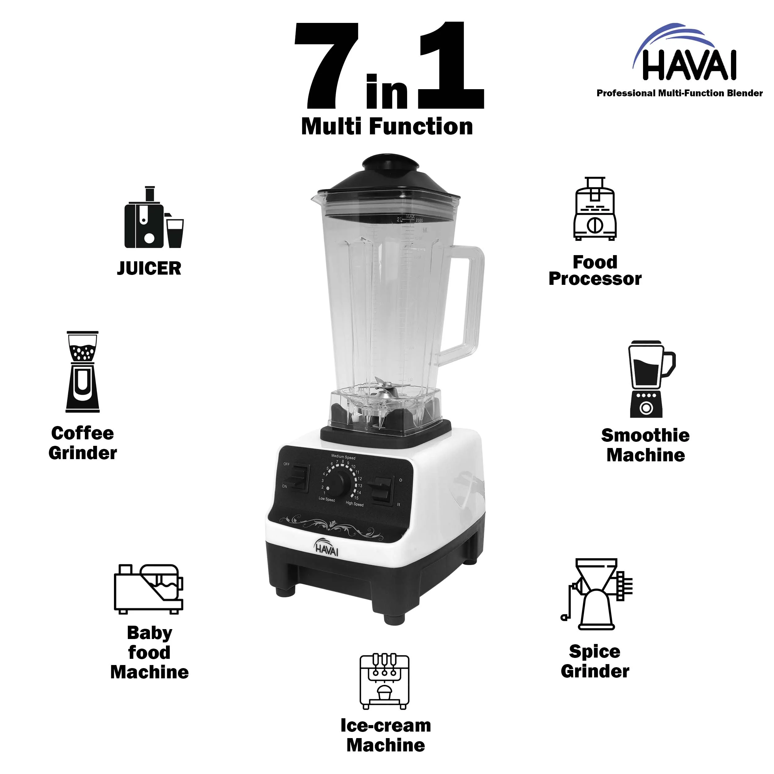 HAVAI Professional Heavy Duty Blender/Grinder/Mixer, 1200W, 2 Litres BPA Free Jar, Crush Ice - Make Shakes, Grind Spices and Smoothies (WHITE)