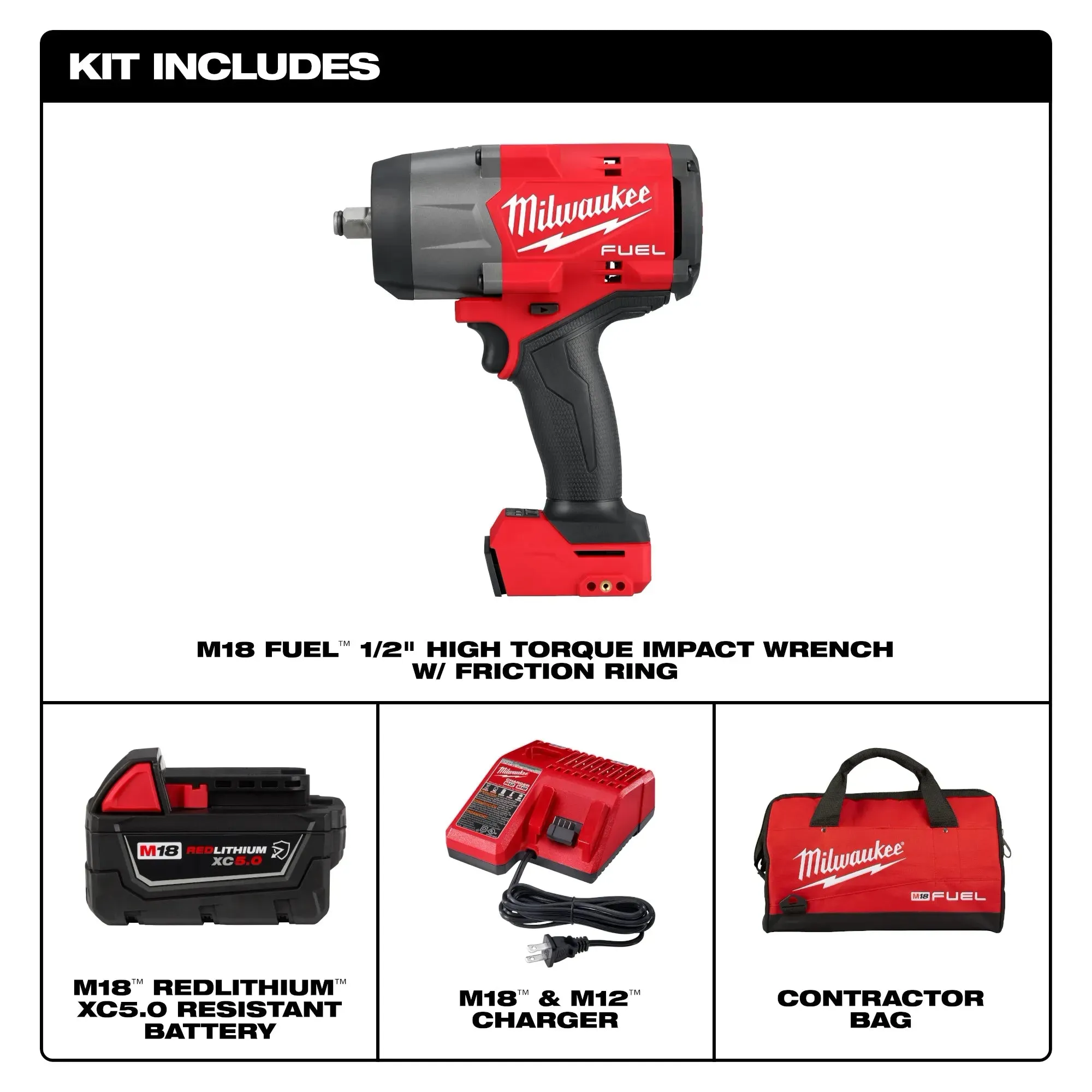 Impact Wrench Kit- Milwaukee M18 FUEL™ 1/2" High Torque Impact Wrench w/ Friction Ring Kit, 2967-21B