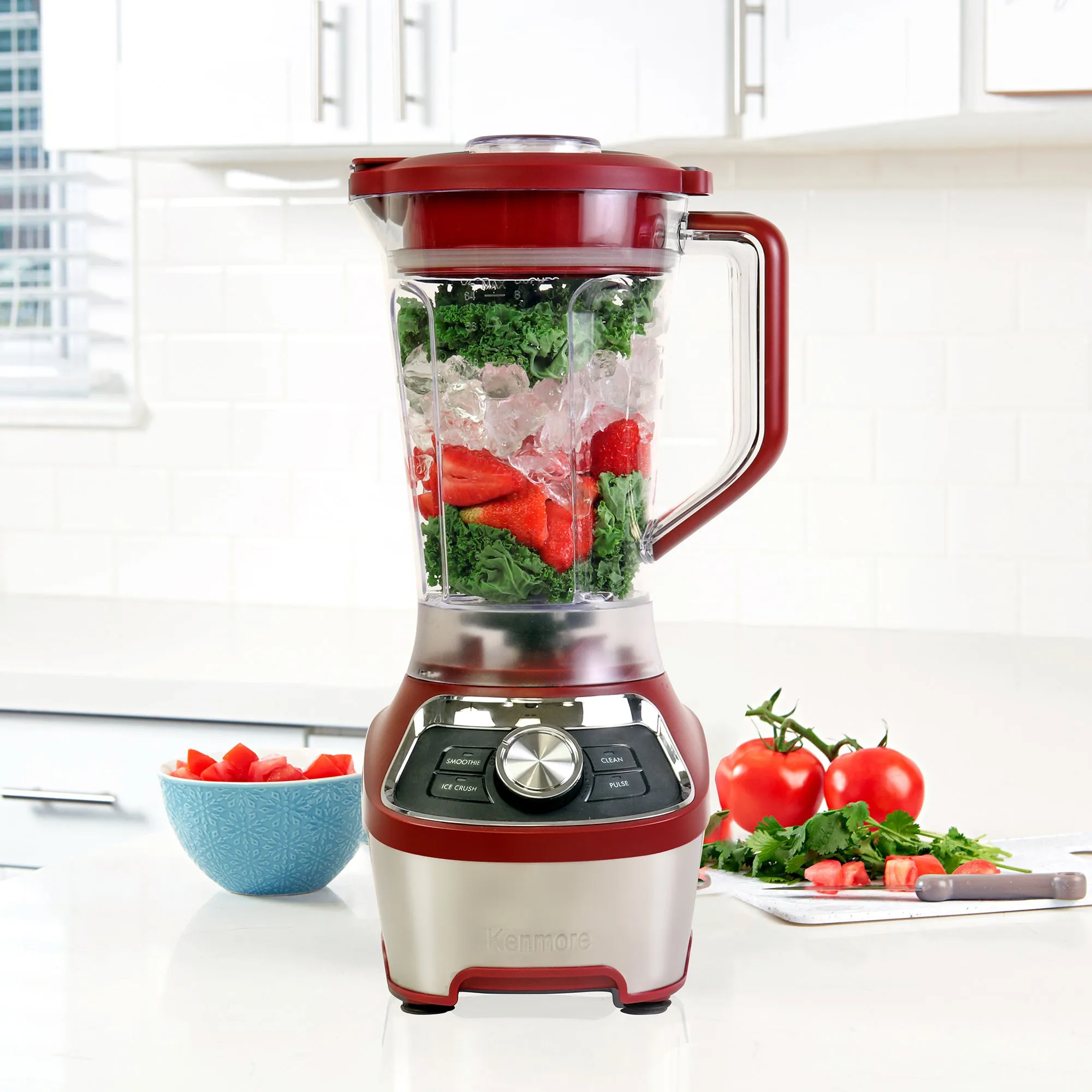 Kenmore Stand Blender, 1200W Motor, Programmed Smoothie, Ice Crushing and Self Clean Modes, Variable Speed Kitchen Blender, 64 oz (8-cup) Tritan Pitcher, Dishwasher-Safe, Stainless Steel and Red