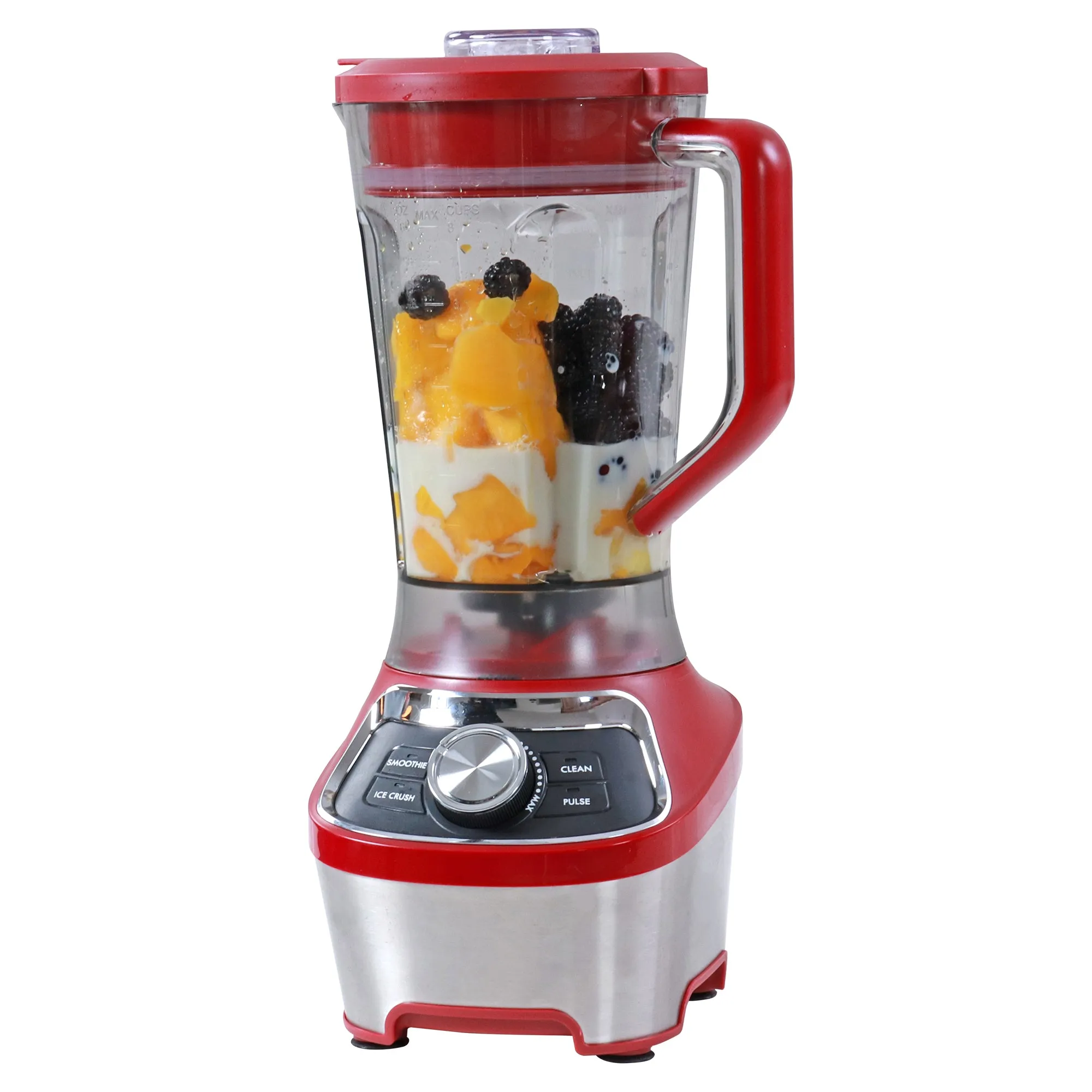 Kenmore Stand Blender, 1200W Motor, Programmed Smoothie, Ice Crushing and Self Clean Modes, Variable Speed Kitchen Blender, 64 oz (8-cup) Tritan Pitcher, Dishwasher-Safe, Stainless Steel and Red