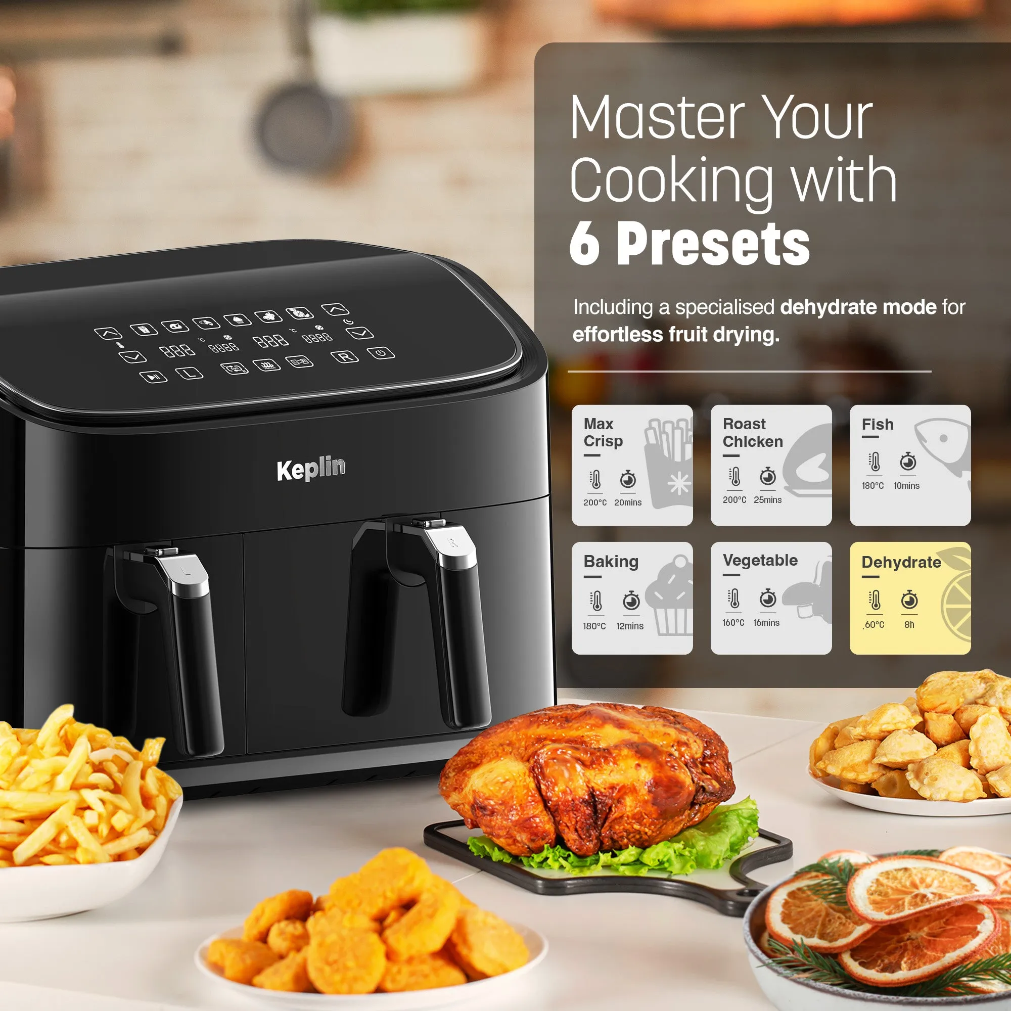 Keplin 9.5L Dual Zone Air Fryer - 2850W Energy-Saving Cooker with 6 Cooking Functions - Extra-Large Capacity for Healthy Meals - Roast, Bake, Dehydrate, Crisp - Family Size (9.5L)