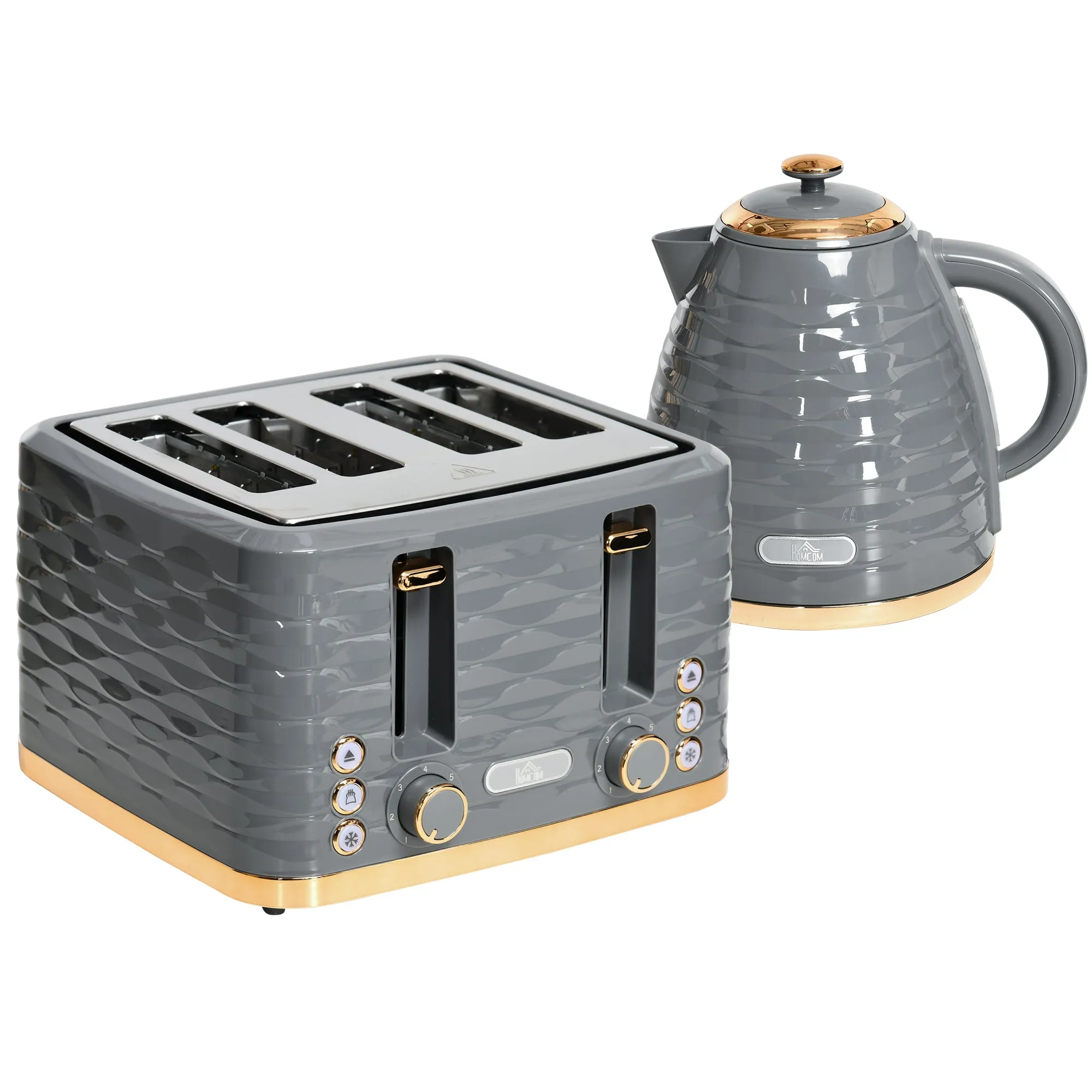 Kettle and Toaster Sets, 1600W 1.7L Rapid Boil Kettle & 4 Slice Toaster w/7 Browning Controls Defrost Reheat Crumb Tray Otter thermostat Grey