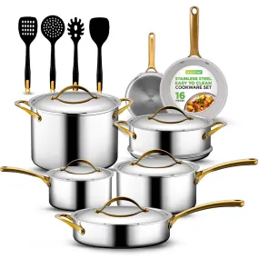 Kitchenware Pots & Pans Set - Clad Kitchen Cookware With Nylon Utensils, Fry Pan Interior Coated With Prestige Ceramic Non-Stick Coating (16-Piece Set)