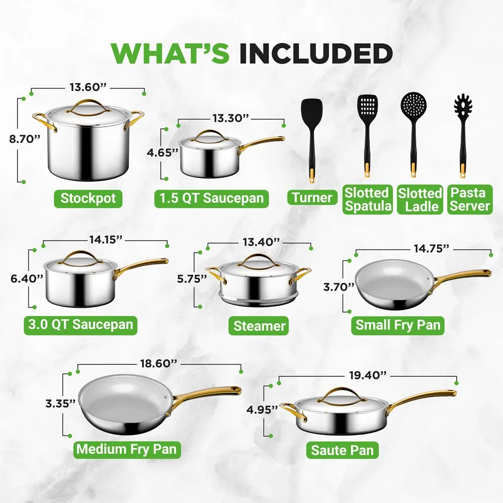 Kitchenware Pots & Pans Set - Clad Kitchen Cookware With Nylon Utensils, Fry Pan Interior Coated With Prestige Ceramic Non-Stick Coating (16-Piece Set)