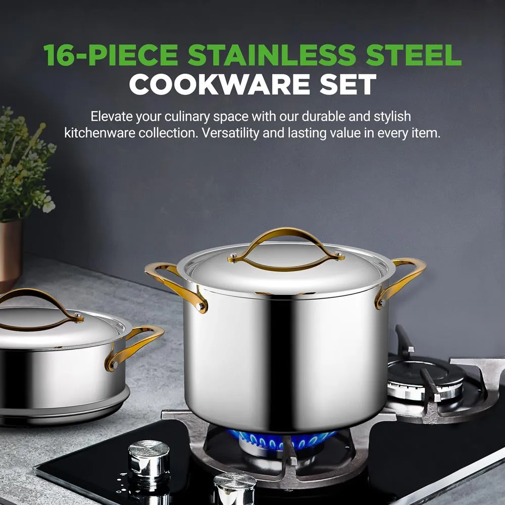 Kitchenware Pots & Pans Set - Clad Kitchen Cookware With Nylon Utensils, Fry Pan Interior Coated With Prestige Ceramic Non-Stick Coating (16-Piece Set)