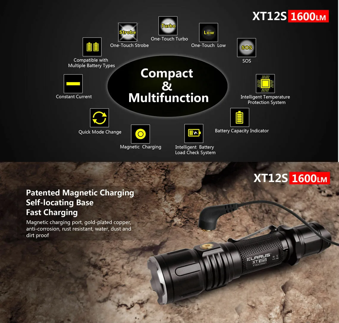 Klarus XT12S Rechargeable Flashlight 1600 Lumens with 3600mAh Battery