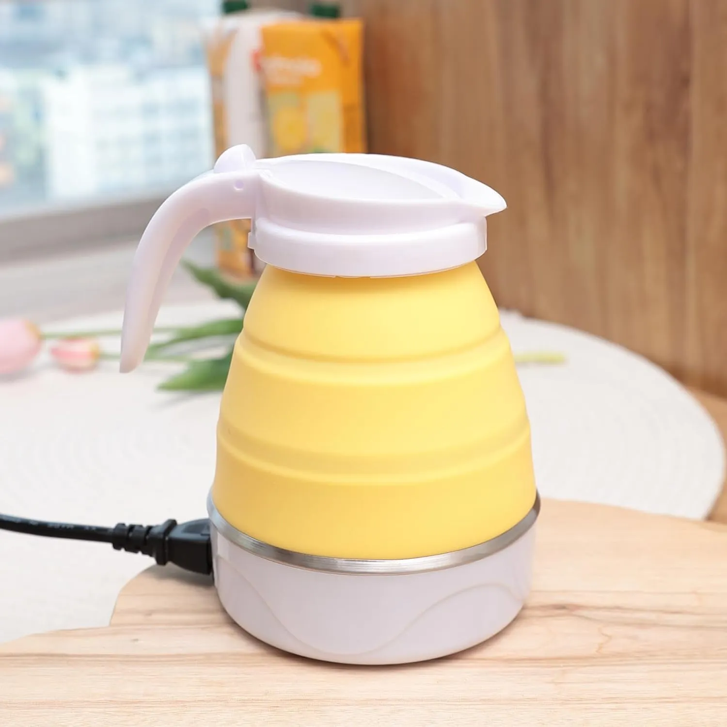 Kuber Industries Foldable Electric Kettle 600 ML | Silicone Body With 304-Stainless Steel Base | Leak Proof Design | Multipurpose Portable Electric Kettle for Travel, Office & Home | 600W | Yellow