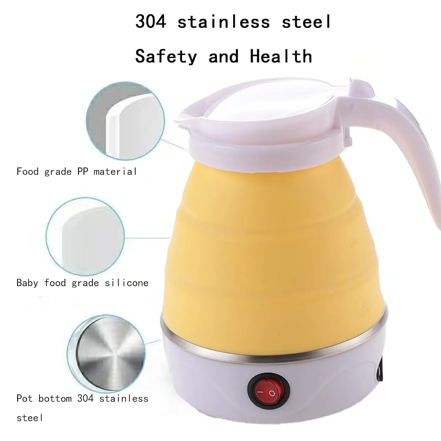 Kuber Industries Foldable Electric Kettle 600 ML | Silicone Body With 304-Stainless Steel Base | Leak Proof Design | Multipurpose Portable Electric Kettle for Travel, Office & Home | 600W | Yellow