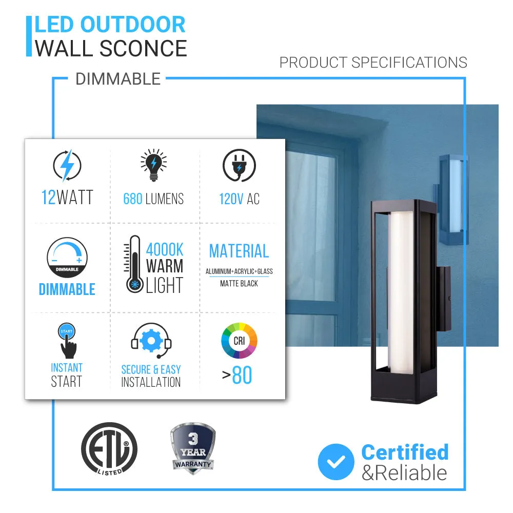 LED Outdoor Wall Sconce, Matte Black Finish, 12W, ETL Listed - Wet Location, Dimmable