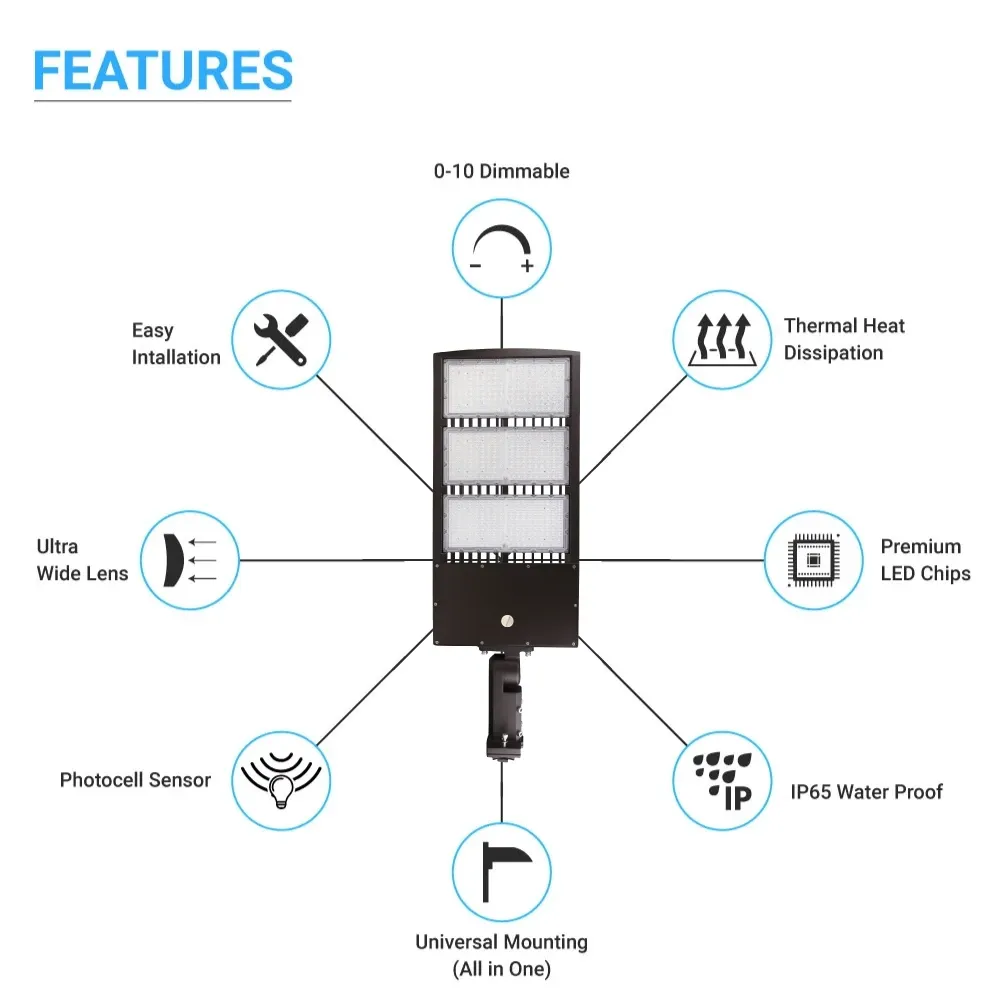 LED Pole Lights With Photocell 450 Watt & 20KV Surge Protector, 5700K, Universal Mount, AC100-277V, Bronze, Car Park Lighting - Street Light