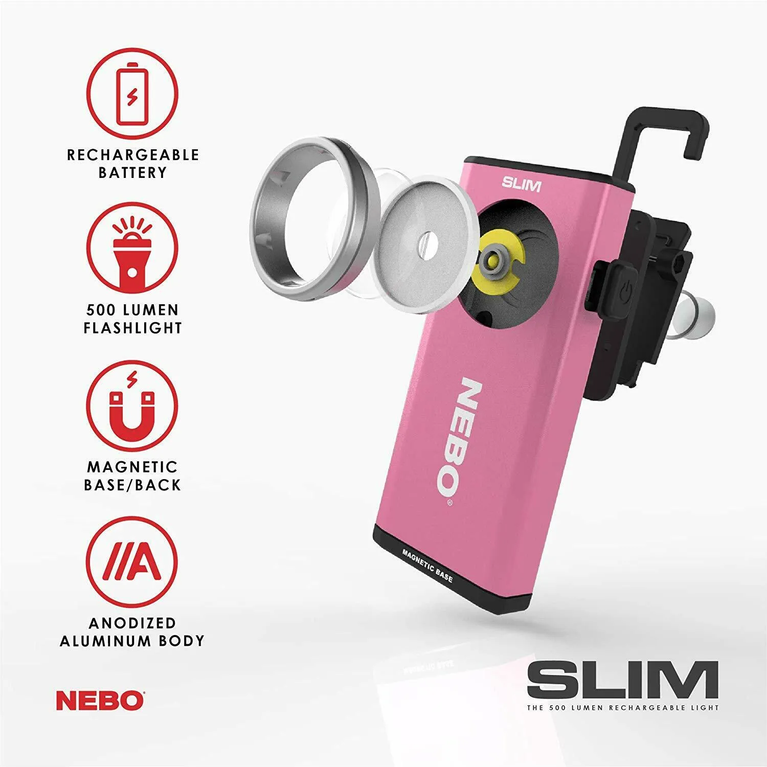 NEBO Slim 500 Lumen LED COB Rechargeable Pocket Light w/ Clip Magnet Base & Hook