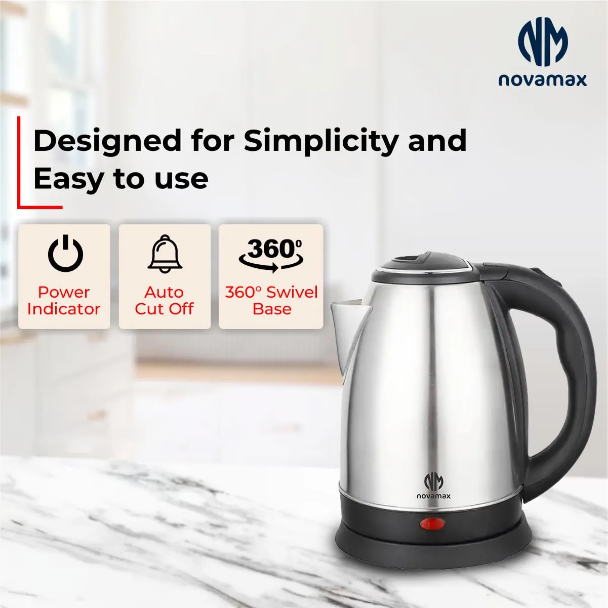 Novamax High Grade Multi-Purpose Stainless Steel Electric Kettle For Instant Water Boiling 1500 Watts, 1.8 Litres (Black)