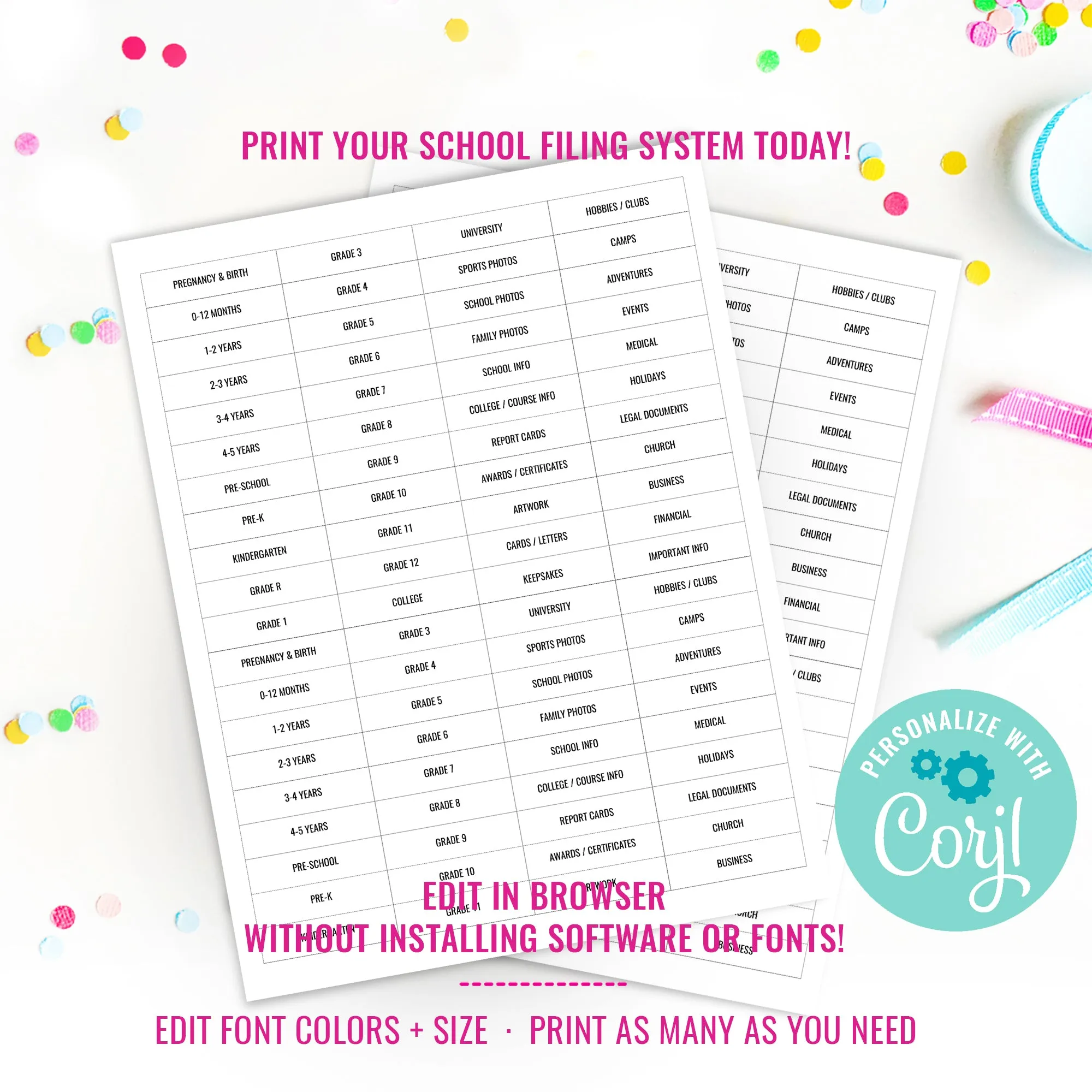 Printable Milestone tote Labels | School File Folder Labels | Printable file tabs DIY Childrens School Box