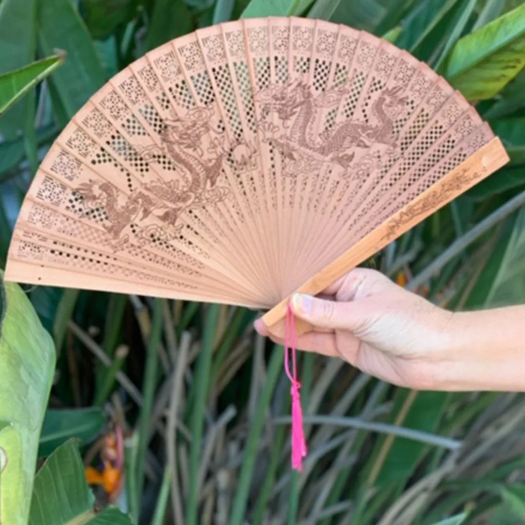 Sandalwood Chinese dragon fan (23cm x 40cm)