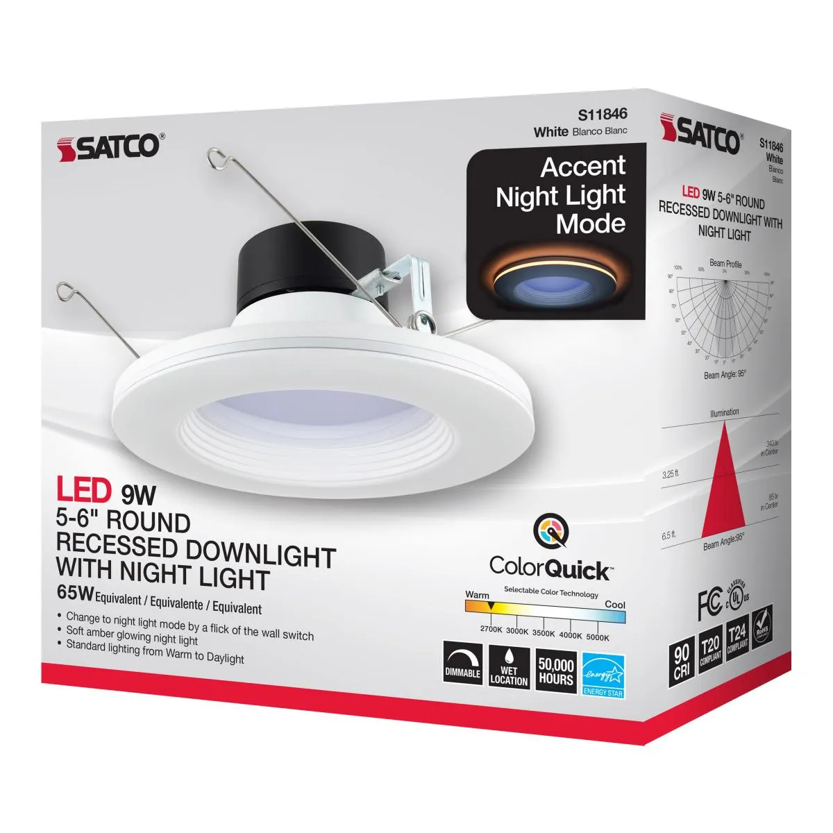 Satco S11846 5-6 inch LED Recessed Downlight Retrofit with Night Light CCT Selectable