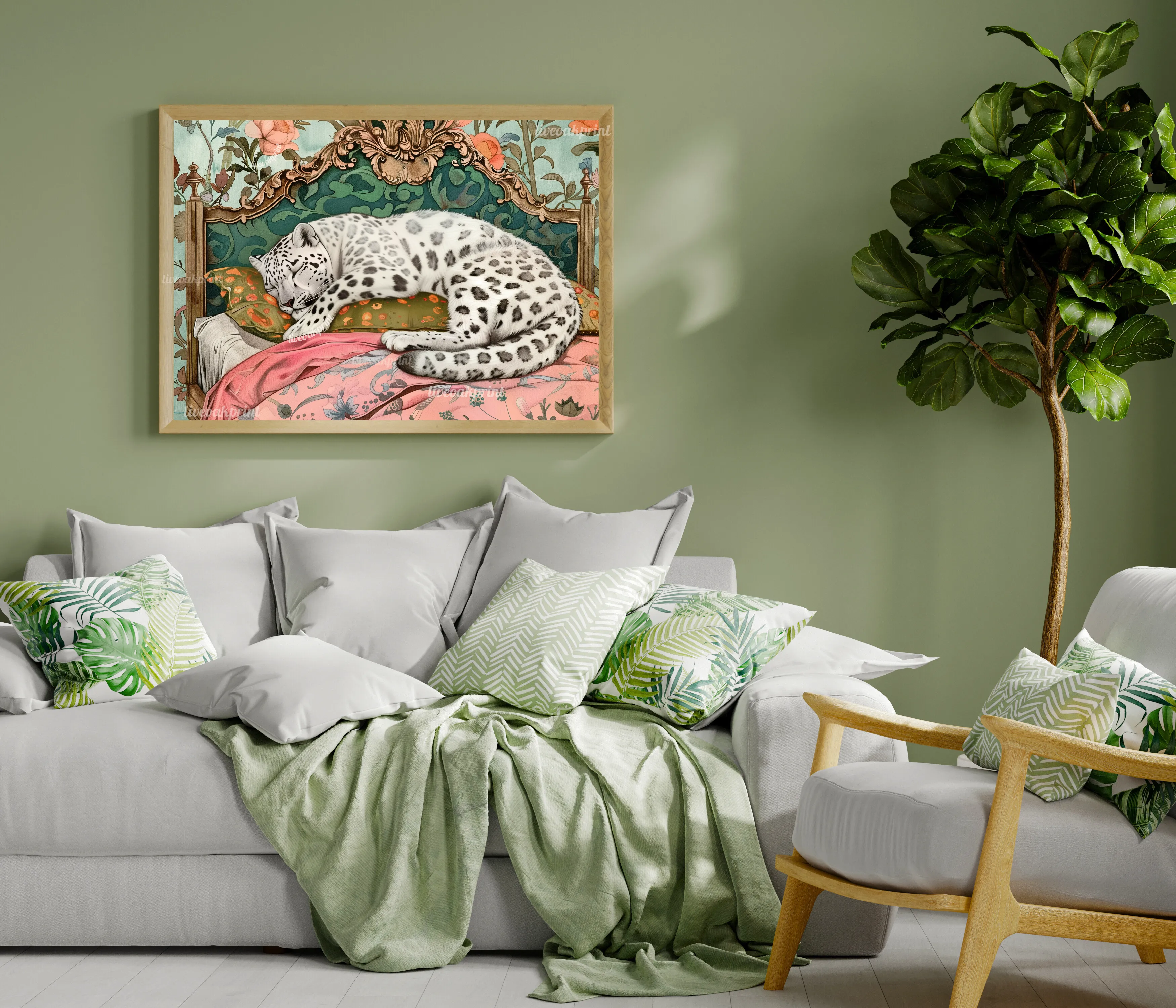 Sleepy Leopard - White Snow Leopard in a Vintage Bedroom - Leopard Bedroom - Maximalist Wall Art - Pastel Print - Over Bed Wall Art