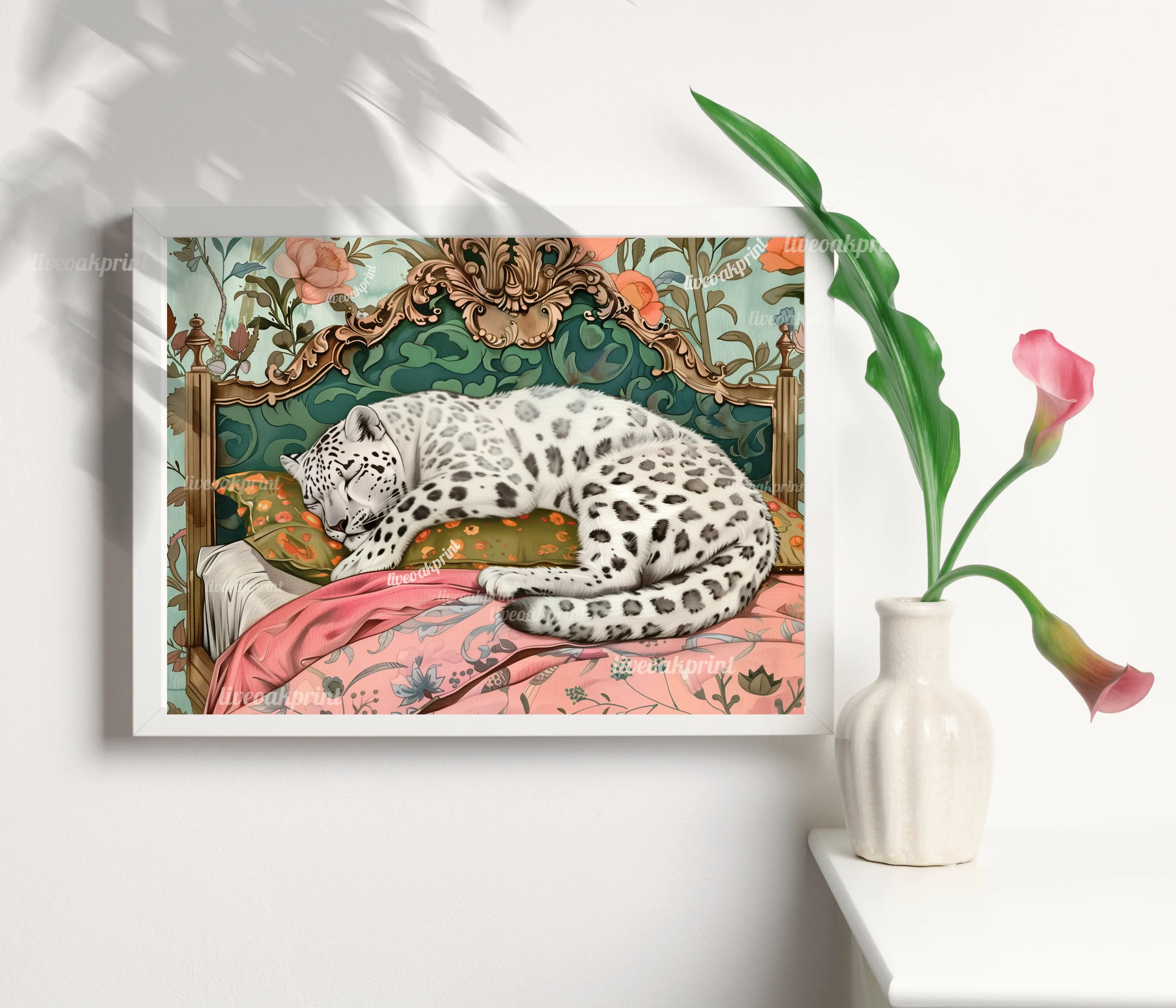 Sleepy Leopard - White Snow Leopard in a Vintage Bedroom - Leopard Bedroom - Maximalist Wall Art - Pastel Print - Over Bed Wall Art