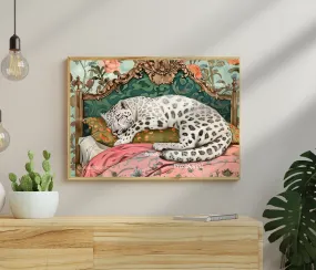 Sleepy Leopard - White Snow Leopard in a Vintage Bedroom - Leopard Bedroom - Maximalist Wall Art - Pastel Print - Over Bed Wall Art