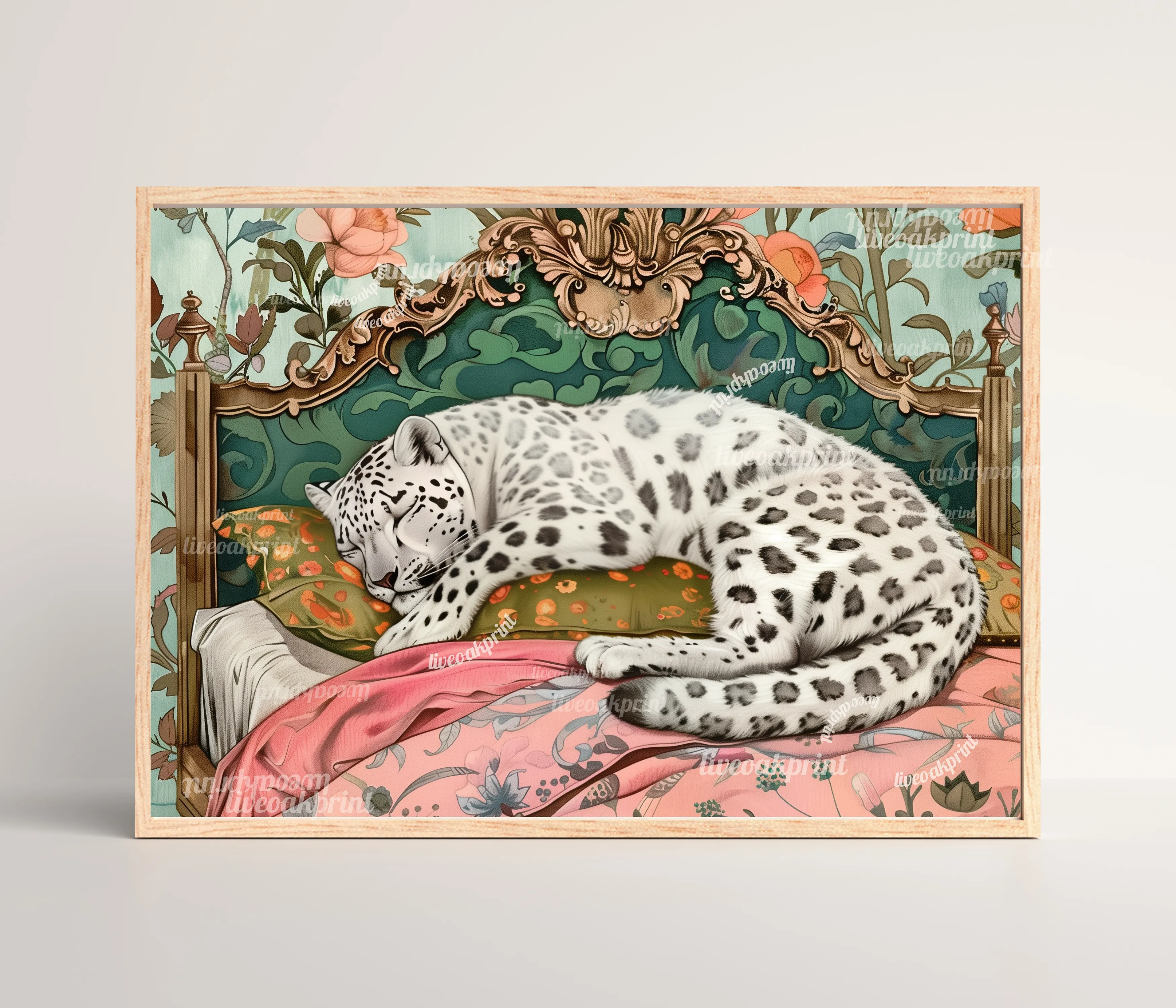 Sleepy Leopard - White Snow Leopard in a Vintage Bedroom - Leopard Bedroom - Maximalist Wall Art - Pastel Print - Over Bed Wall Art