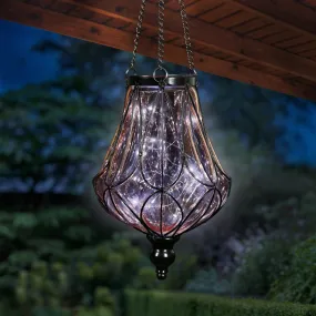 Solar Amber Glass Hanging Lantern with Looping Metal Pattern, 8 by 24 Inches