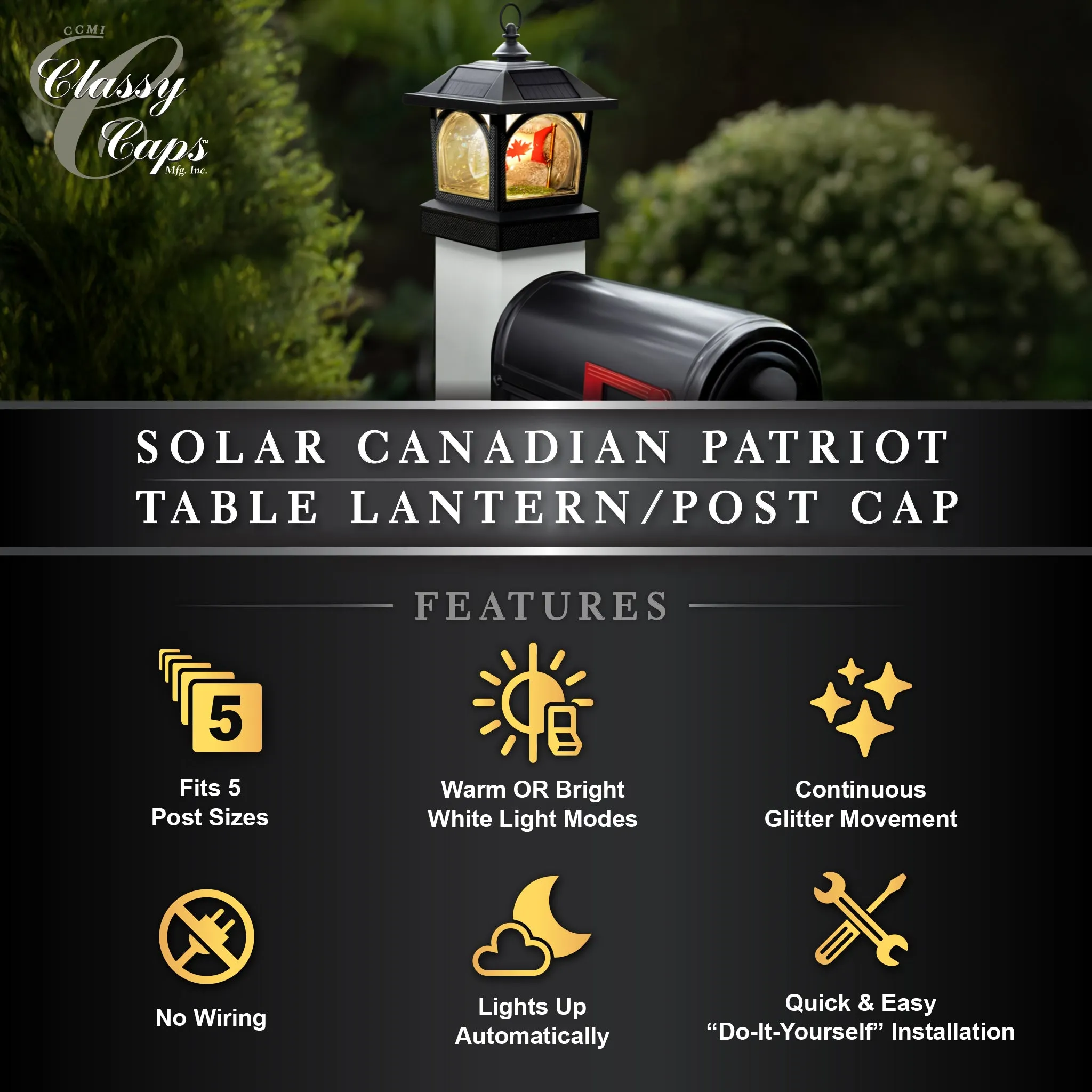 Solar Canadian Patriot Table Lantern/Post Cap with 7.5”x7.5” Base Adapter/Surface Mount