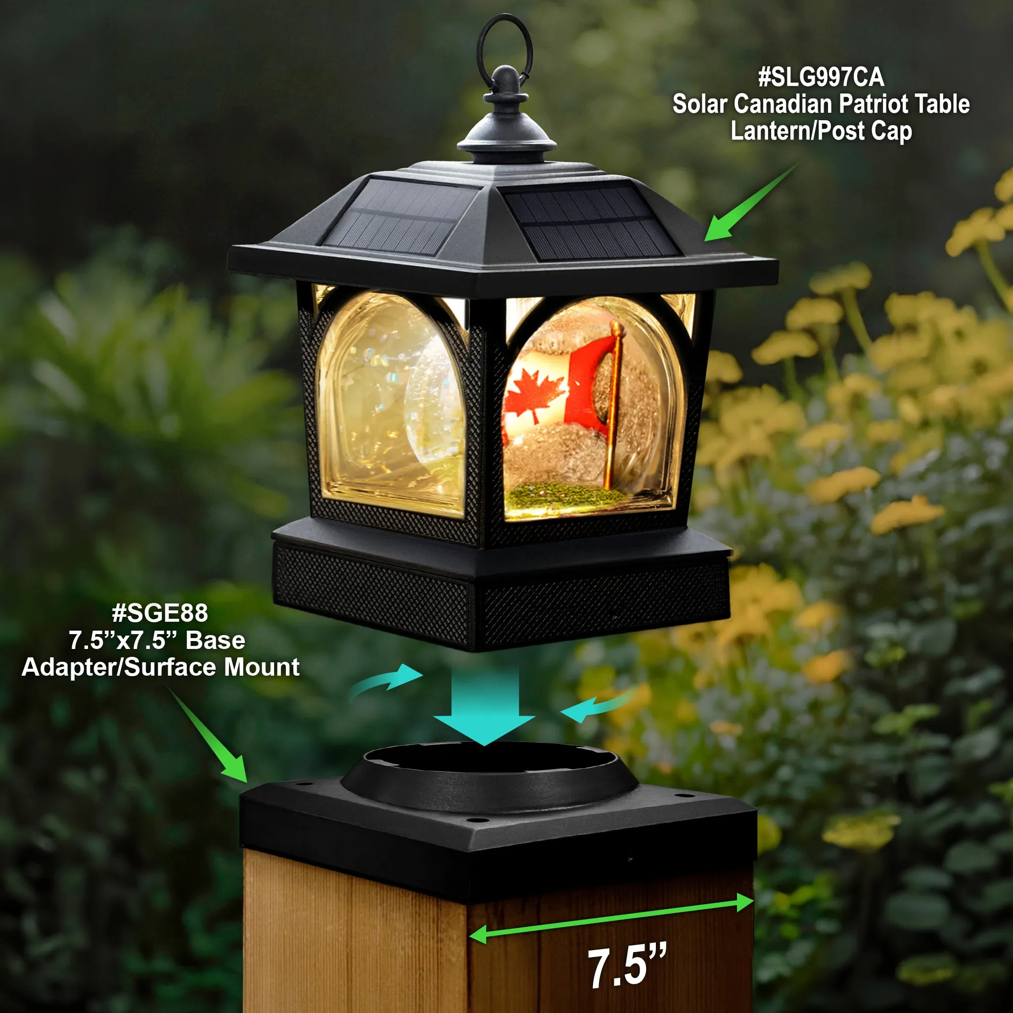 Solar Canadian Patriot Table Lantern/Post Cap with 7.5”x7.5” Base Adapter/Surface Mount