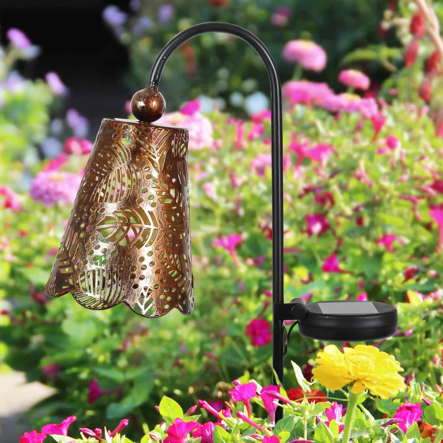 Solar Metal Filigree Shade Garden Stake in Bronze with Leaf Pattern, 7 by 35 Inches tall