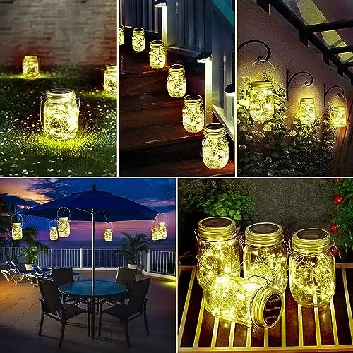 【Upgraded】Hanging Mason Jar Solar Lights, 6 Pack 30 LEDs Fairy Lights with Jars and Hangers, IPX6 Waterproof Hanging Solar Lights Outdoor, Solar Lanterns for Balcony Backyard Garden Fence Decor