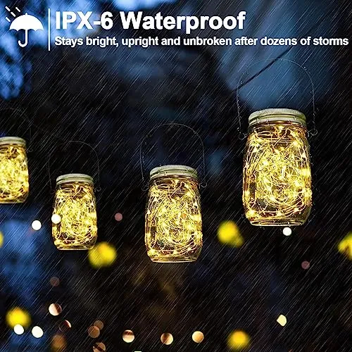 【Upgraded】Hanging Mason Jar Solar Lights, 6 Pack 30 LEDs Fairy Lights with Jars and Hangers, IPX6 Waterproof Hanging Solar Lights Outdoor, Solar Lanterns for Balcony Backyard Garden Fence Decor